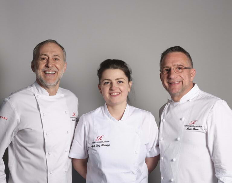 April Lily Partridge with judges Michael Roux Jr (L) and Alain Roux, photo: The Roux Scholarship