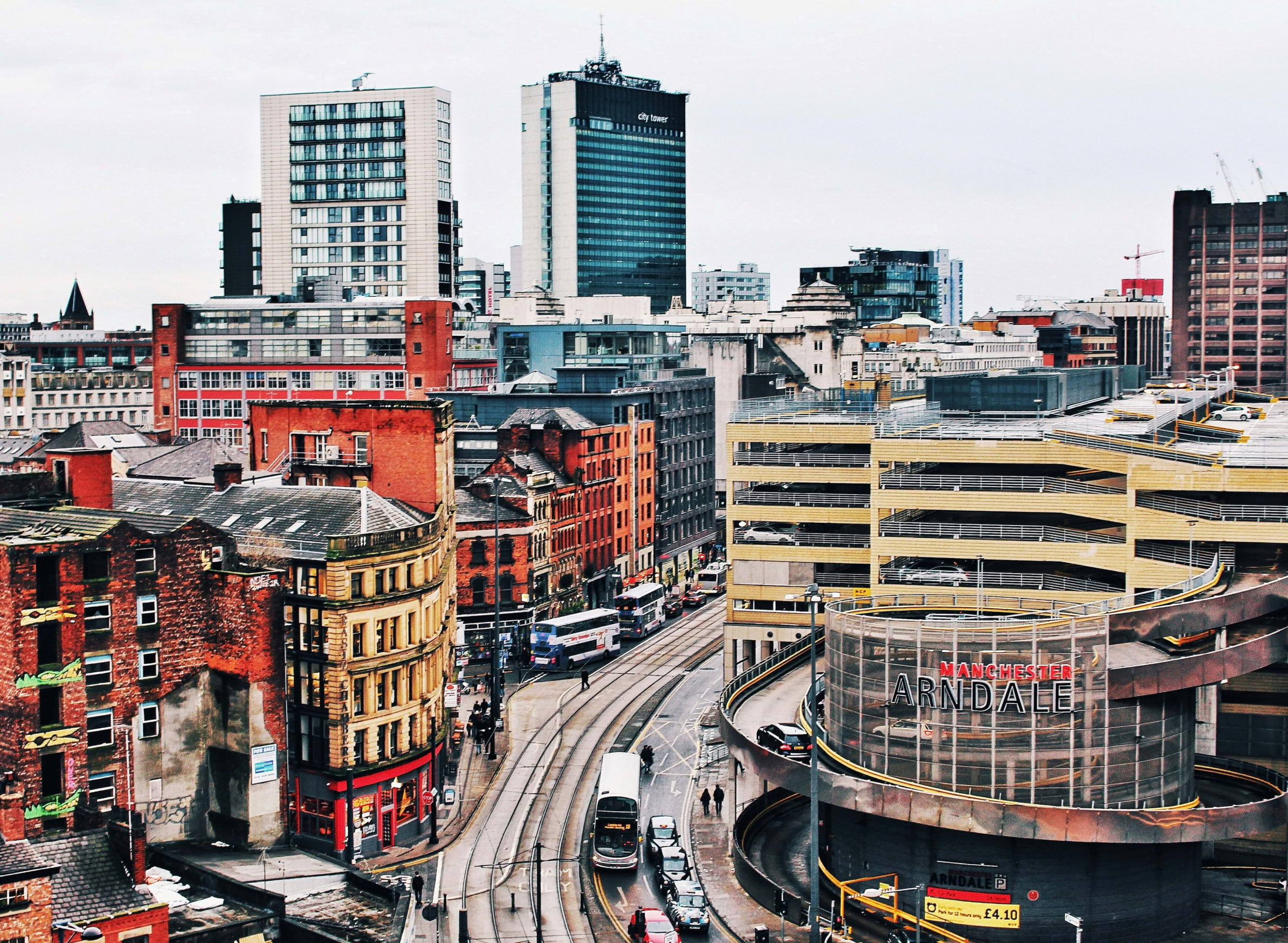 A city view of Manchester with Manchester Arndale in the foreground