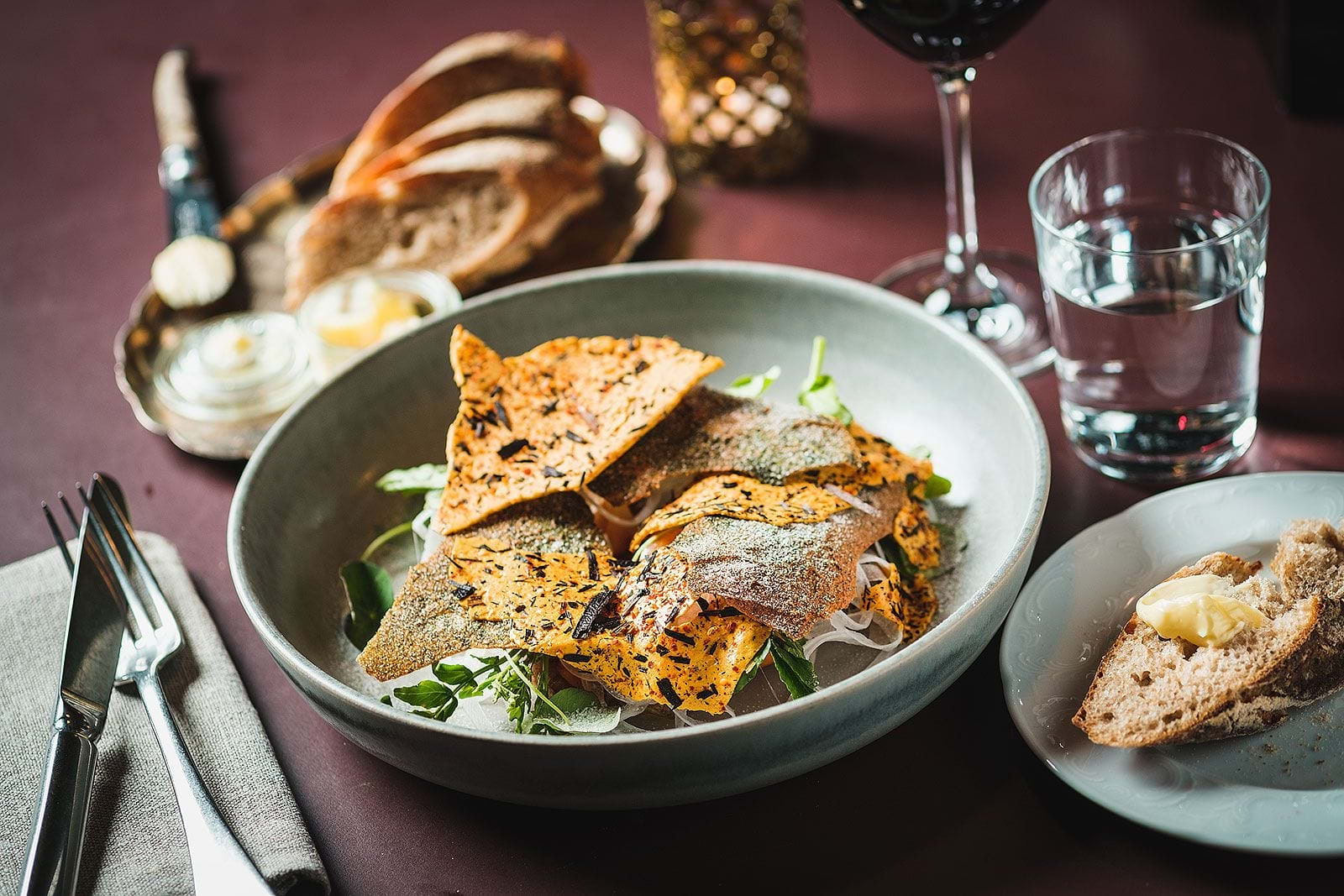 A dish on a table in a French restaurant