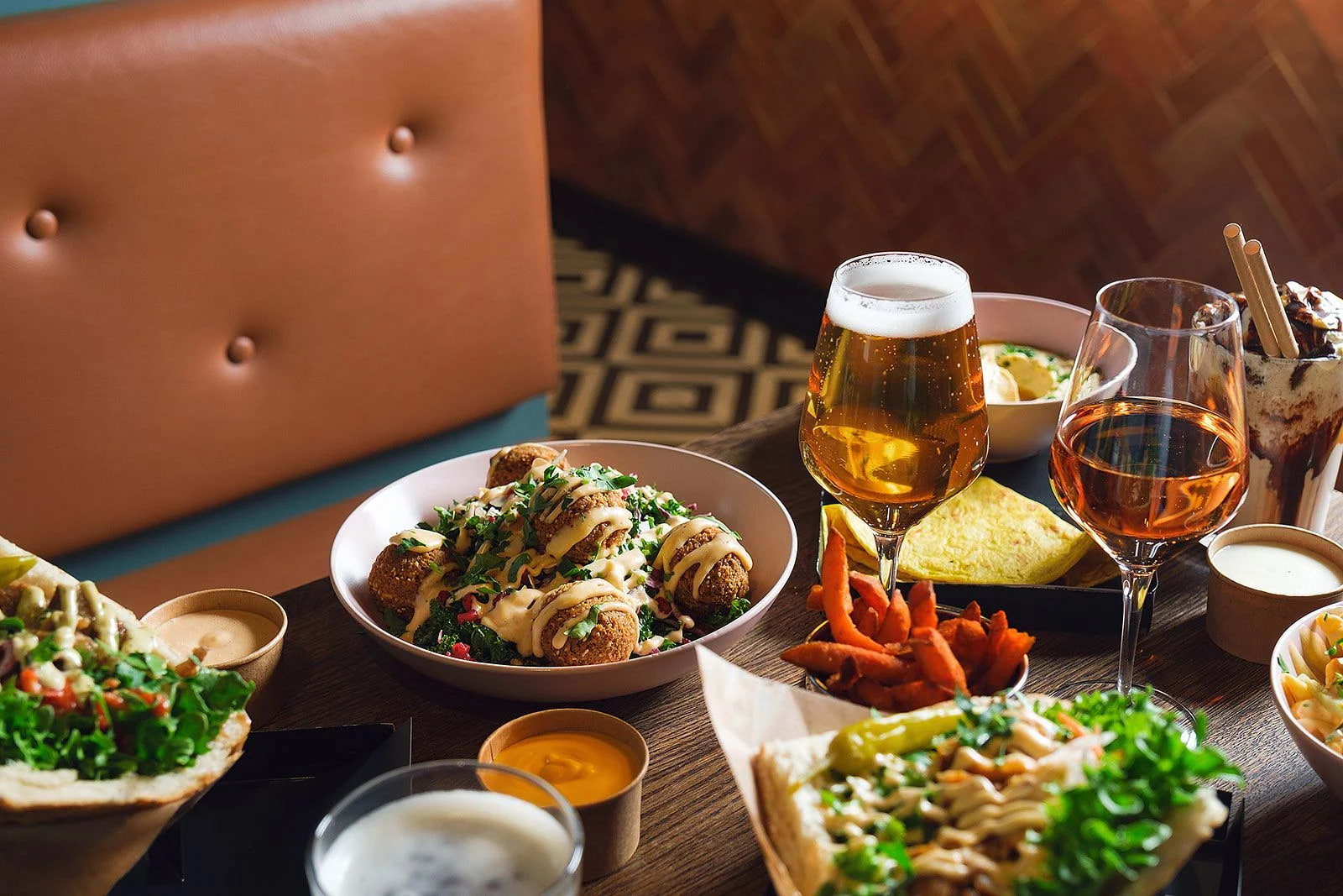 Food and drinks set out on a table in a Turkish restaurant