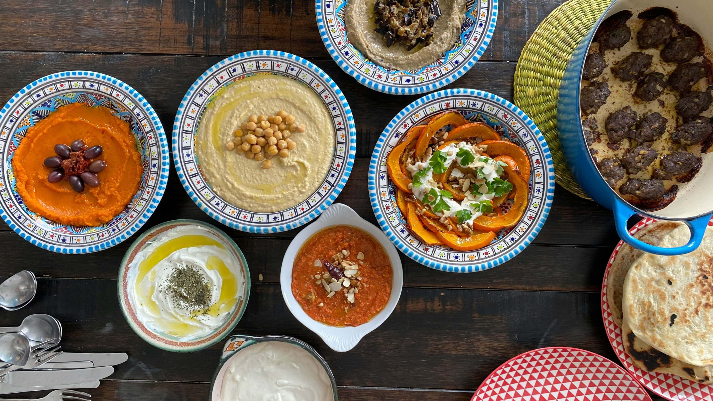 A bird's eye view of a meze spread