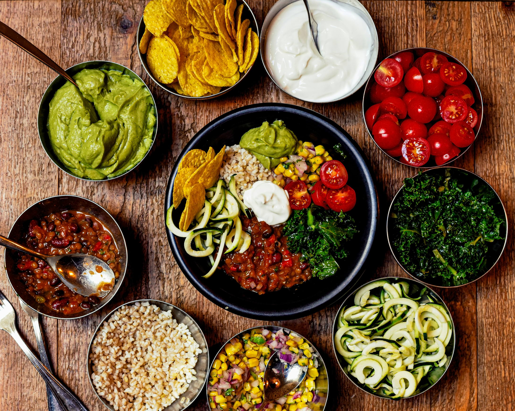 A spread of colourful vegan Mexican dishes