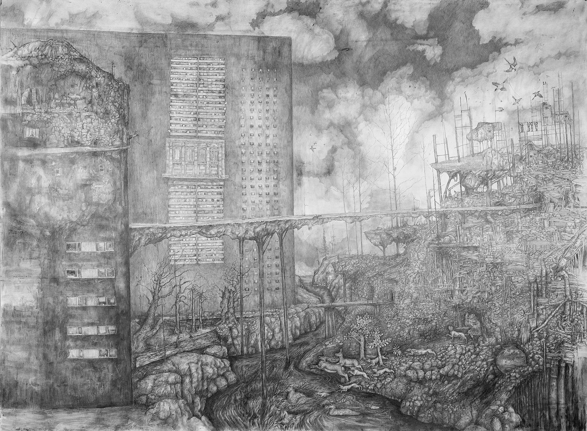 Betongorgier vid vattendrag, Mattias B&auml;cklin, 2020, blyerts på kartong, 210x150 cm. Foto av Alvaro Campo.