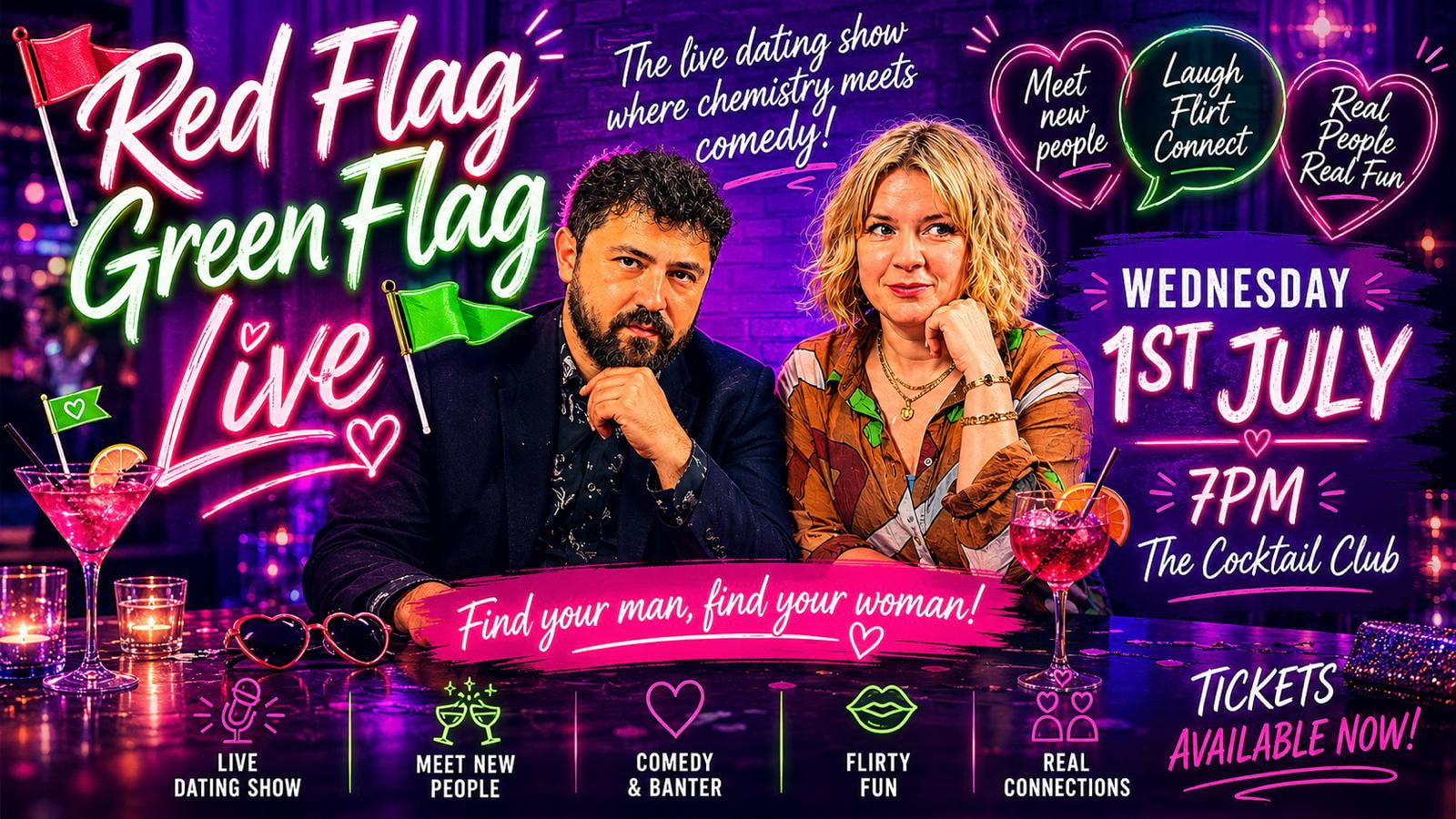 The popular "Red Flag Green Flag" dating podcast goes live for the first time