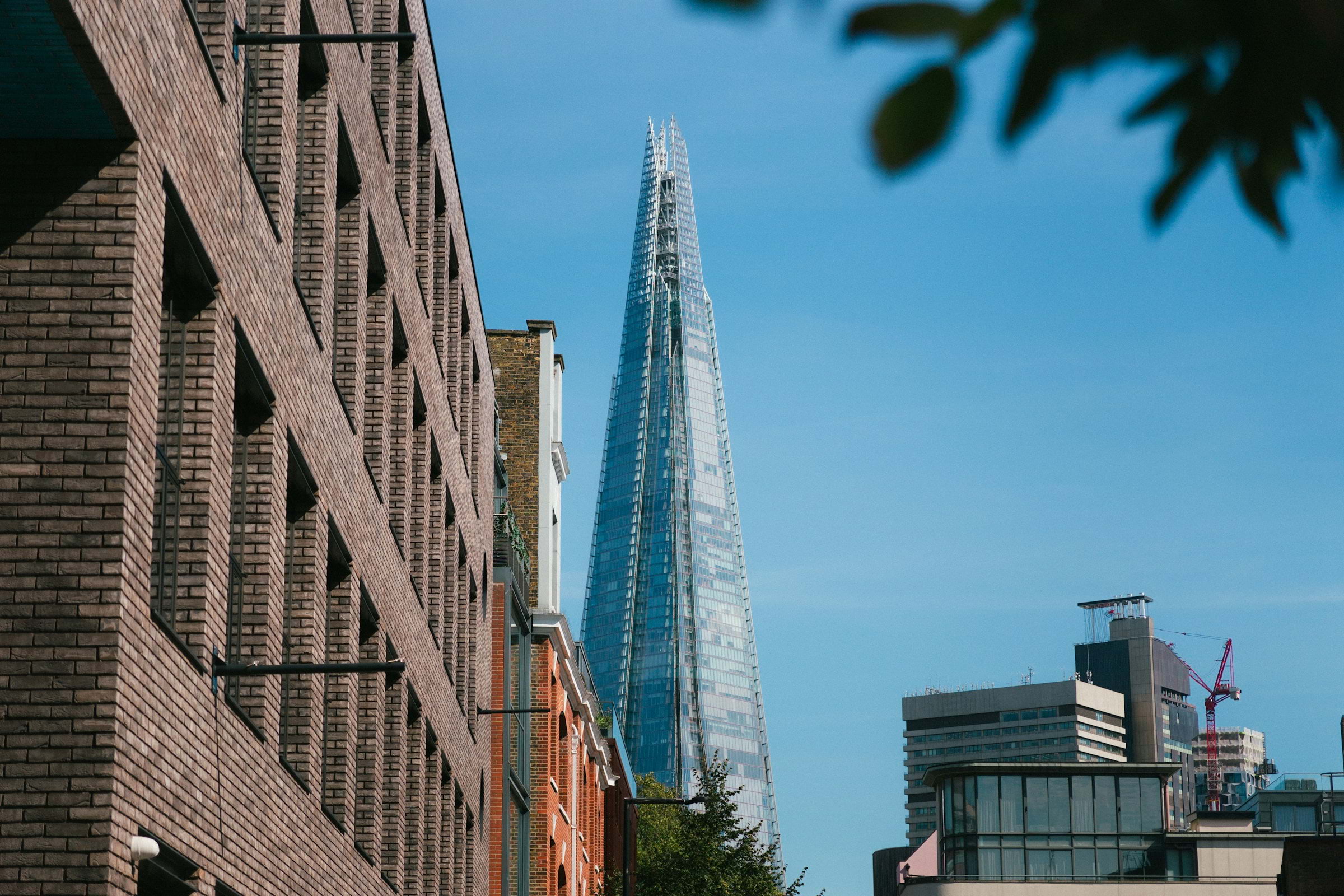 A street-level view of The Shard on a clear day