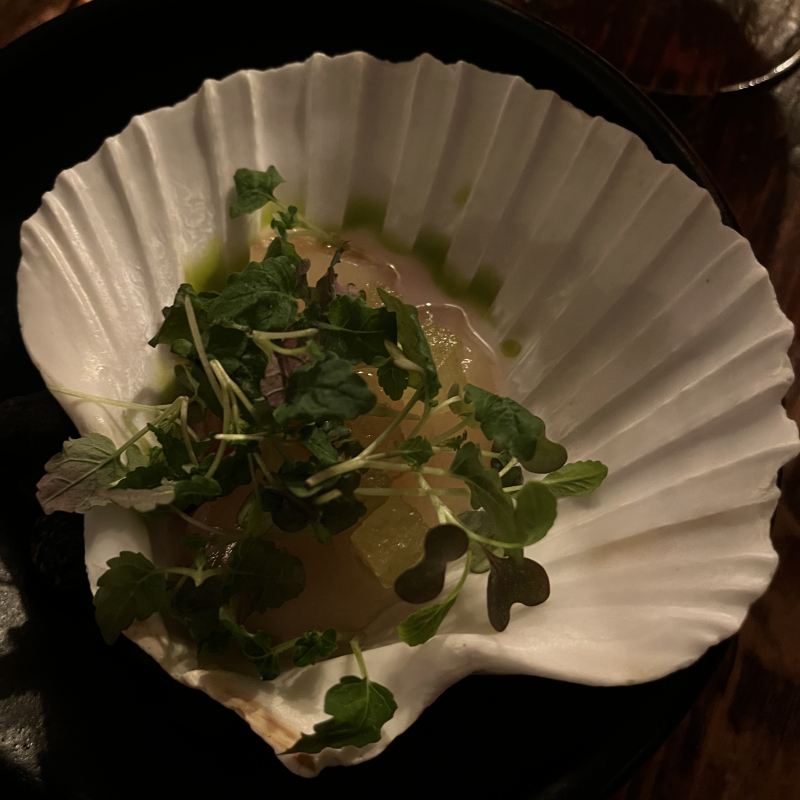 Smoked scallops with nashi pear and currants. – Billede fra Høst af Emmi A. (28.09.2026)