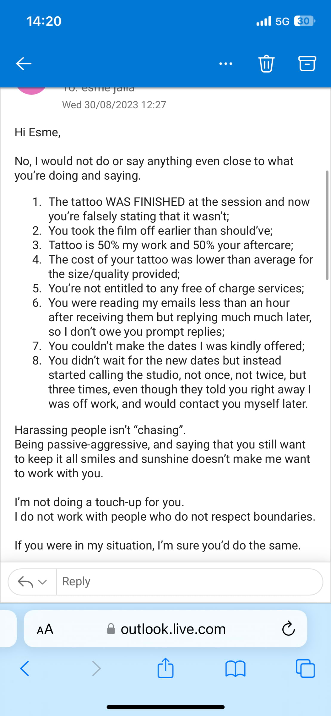 communication from tattoo artist – Photo from EXP Haus by Esme J. (30/08/2023)