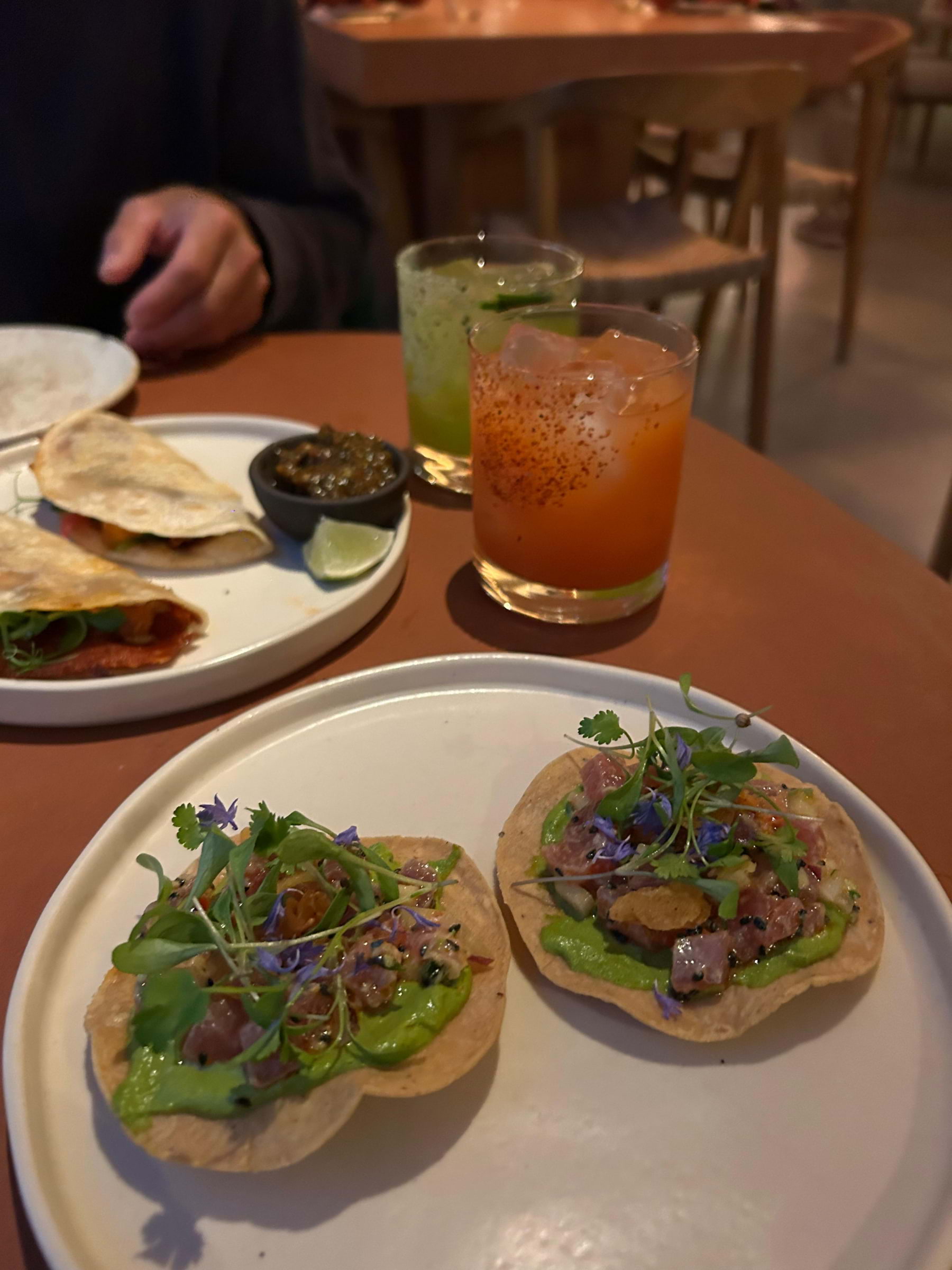 Prawn quesadillas (left) and tuna tostadas (right) – Photo from Ixchel by Jessica D. (29/10/2024)