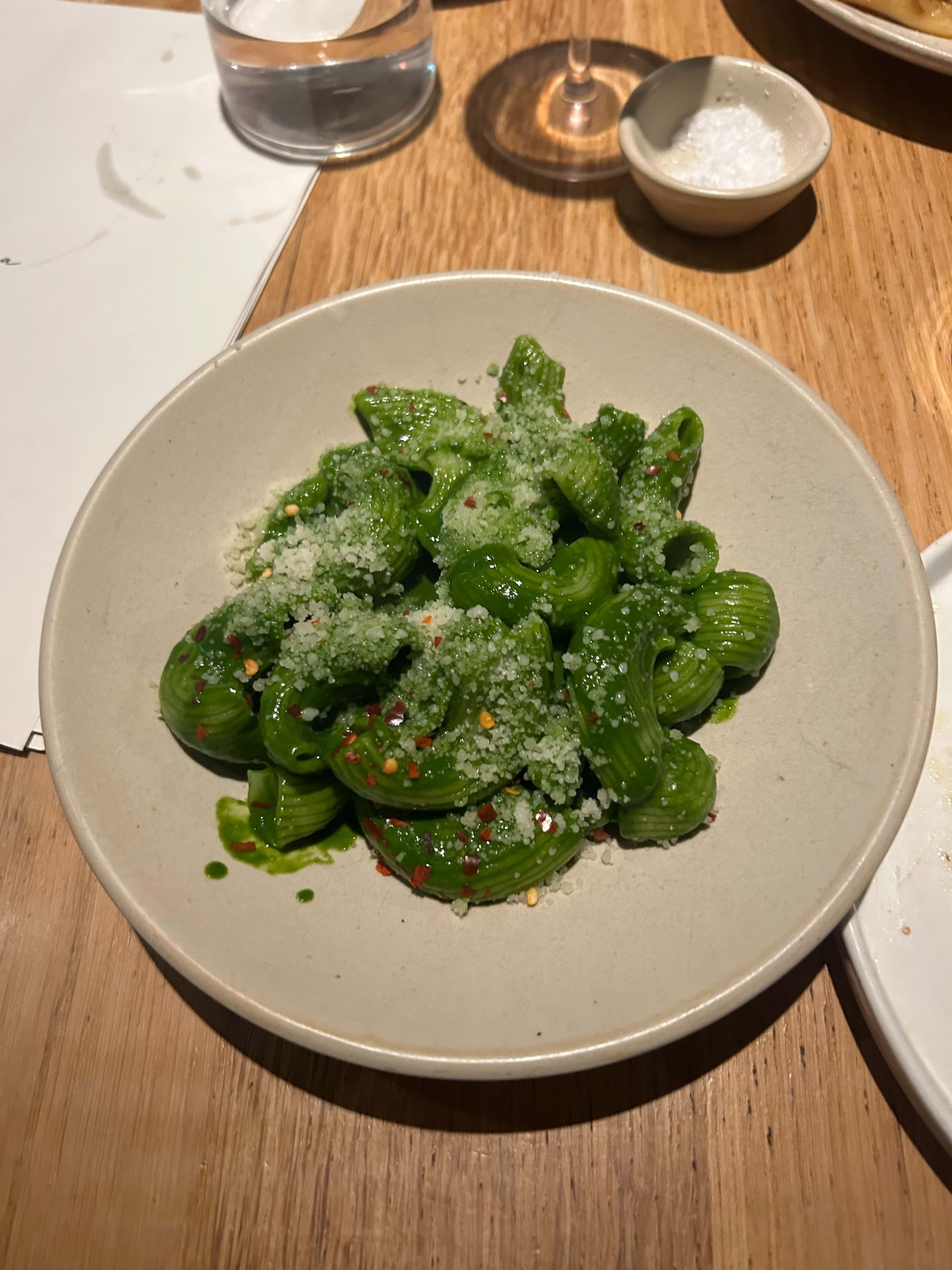 Lumache, kale sauce, chilli. – Photo from Manteca by David L. (08/08/2024)