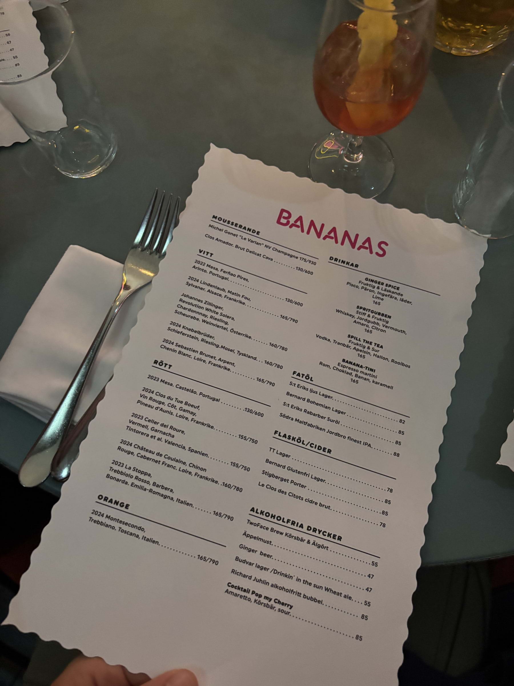 Dryckesmeny – Bild från Bistro Bananas av Lisa M. (2026-04-30)