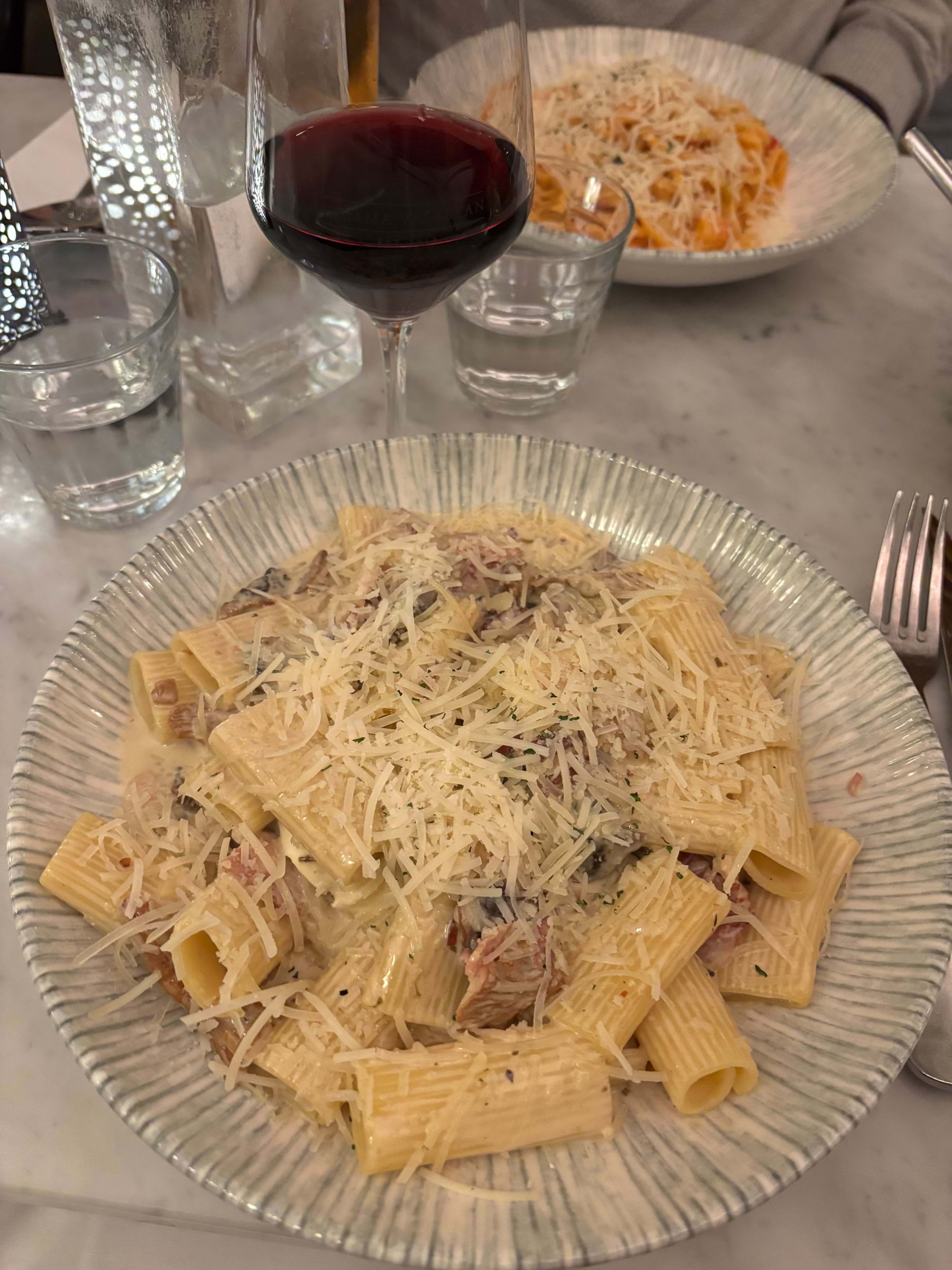Pasta med vin, pancetta, mozzarella och grädde – Bild från Hemma Vasastan av Mimmi B. (2025-02-25)